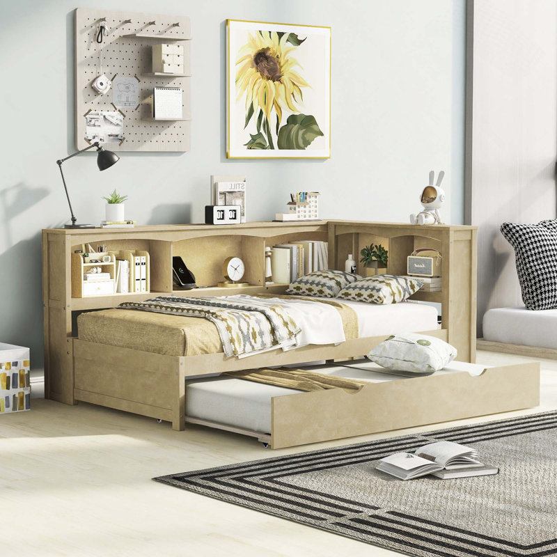 Lit de jour avec couchette, armoires de rangement et ports USB, Bois
