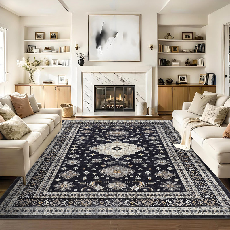 5 x 7 ft Polyester  Black Rectangular Area Rug Flower Printed Persian Foldable Washable for Hallway Bathroom Entryway Kitchen Office