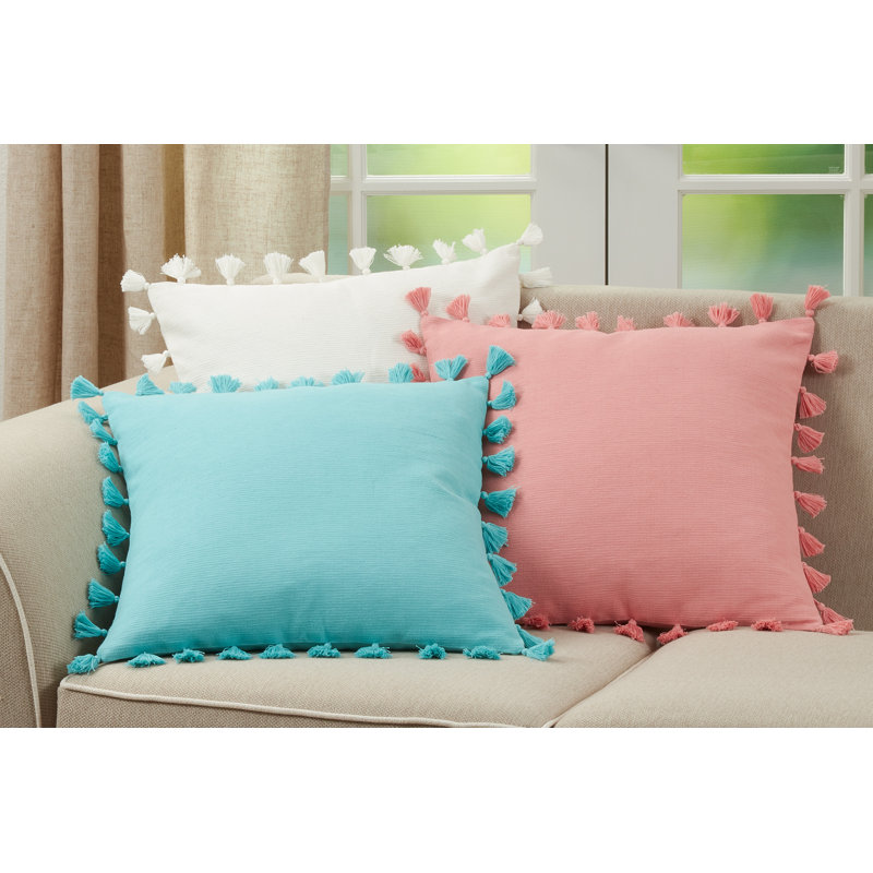 Turquoise Square Tassel Throw Pillow with Poly Filling