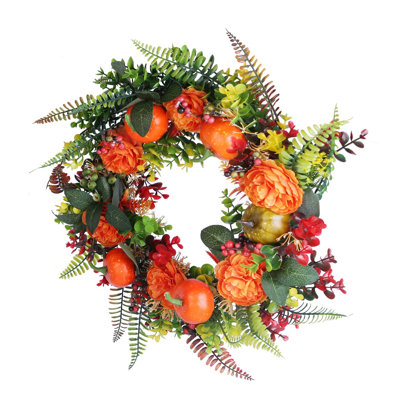 17.71 Inch Artificial Fall Harvest Wreath,PE Autumn Wreath with Pumpkins,Berries & Fall Leaves,Hanging Seasonal Ornament for Front Door,Wall & Window,Thanksgiving & Halloween Decor
