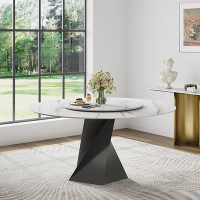 59.06'' Modern Round Dining Table With Sintered Stone Top, Featuring A Small Turntable And Unique Multi-faceted Geometric Cut Base