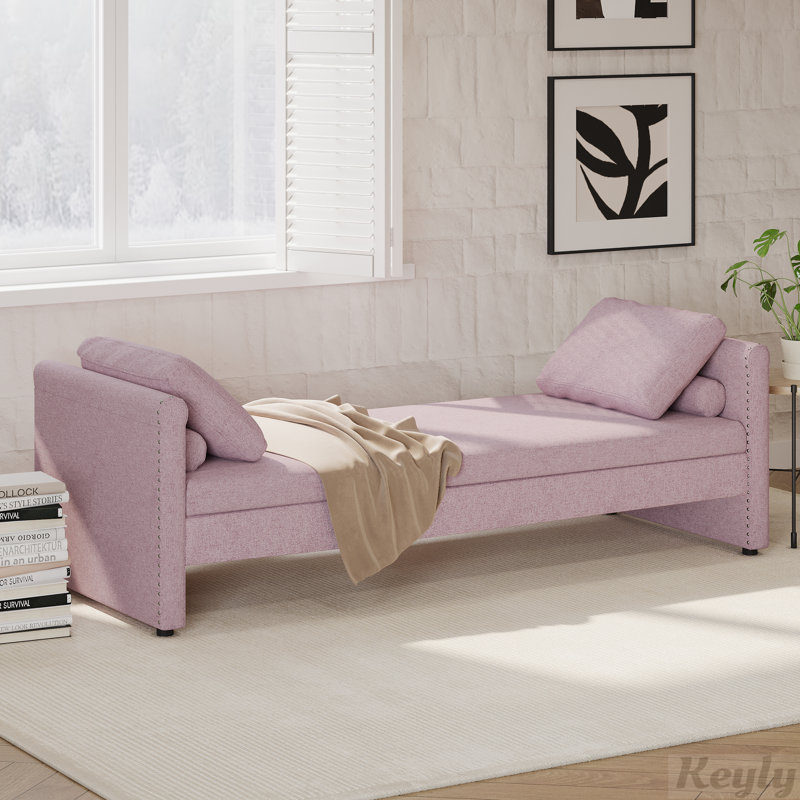 Pink Linen Upholstered Chaise Lounge with Wood Frame