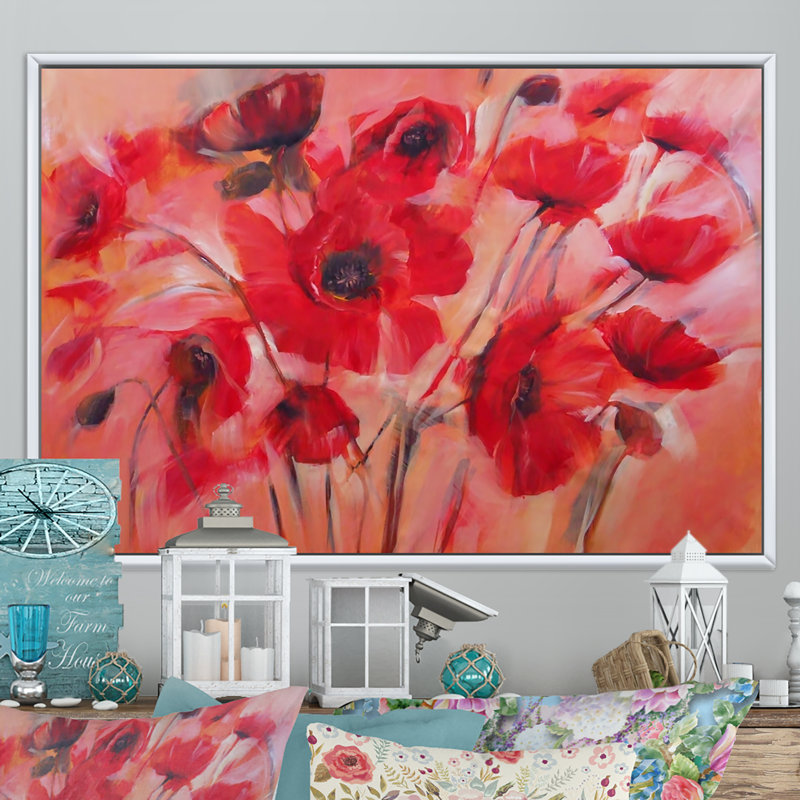 «Red Blooming Poppies», reproduction sur cadre flottant sur toile, H 24 po x l 36 po x P 1 po, Cadre flottant blanc