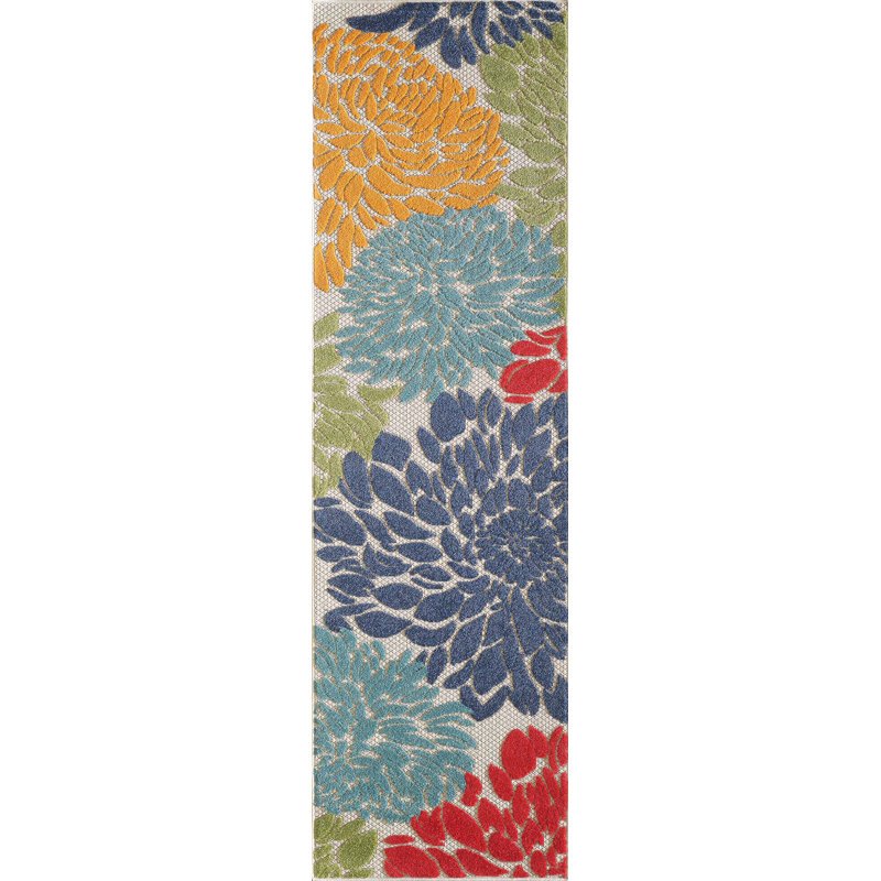 Tapis intérieur / extérieur en polypropylène crème / bleu Lenihan, Tapis de couloir 2 pi 3 po x 7 pi 6 po