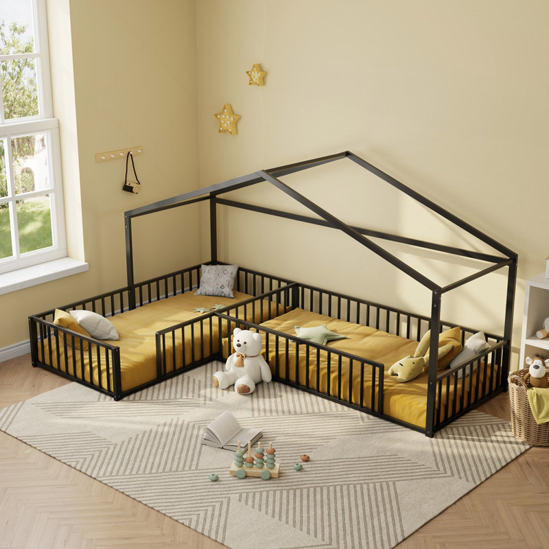 Double Twin Size L-Shaped Montessori Bed, Black