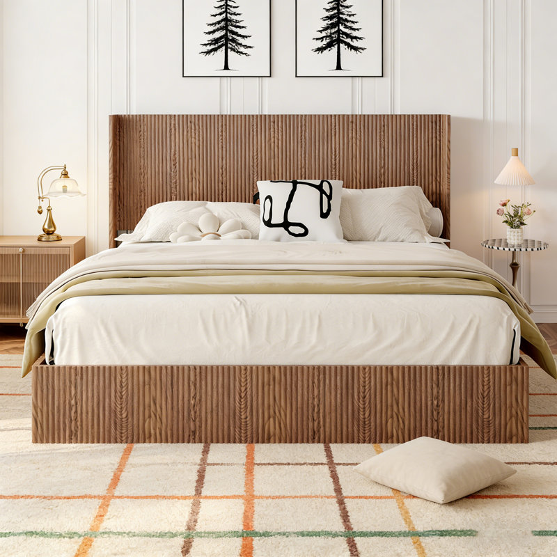Lift Storage Bed Frame With Grooved Wooden Platform - No Box Spring Needed, Ultra Quiet & Anti-Squeak Design