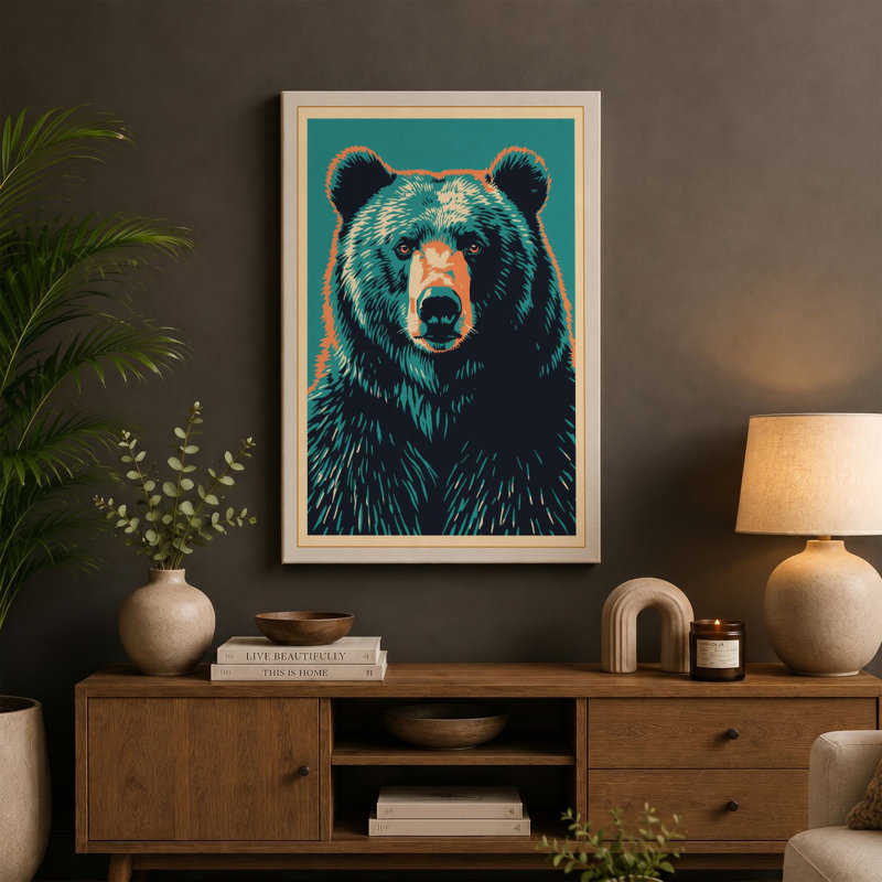 Turquoise Bear Retro - Wrapped Canvas, 36x24 - 91.4 x 61.0 cm, Teal Border