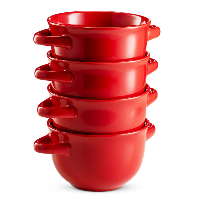 Kook Ceramic French Onion Soup Crocks with Handles, 18 oz, Cherry, Red