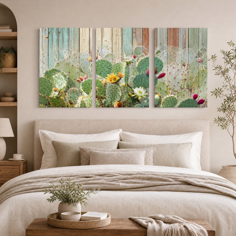 Cactus figue de barbarie avec fleur jaune sur une clôture en bois, ensemble de 3 toiles, H 18 po x l 12 po x 3 pièces