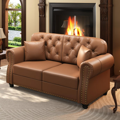 Canapé Chesterfield de 63 po en similicuir à 2 places avec accoudoirs roulés