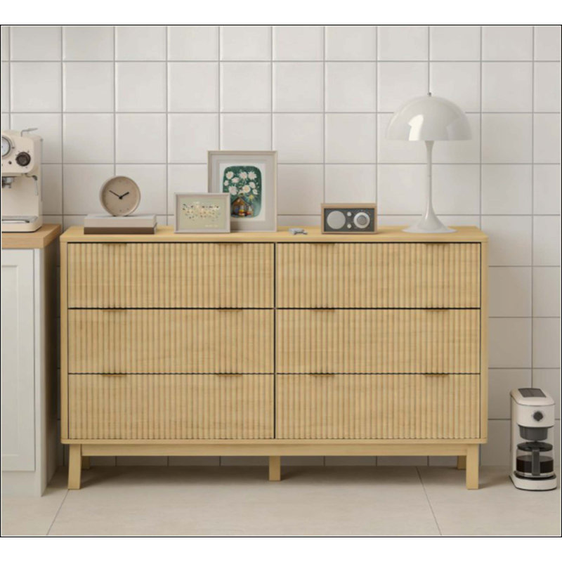Commode Closet, commode double 6 tiroirs pour la chambre à coucher, Natural Wood