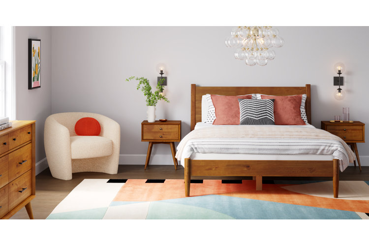mid-century modern bedroom with an abstract area rug