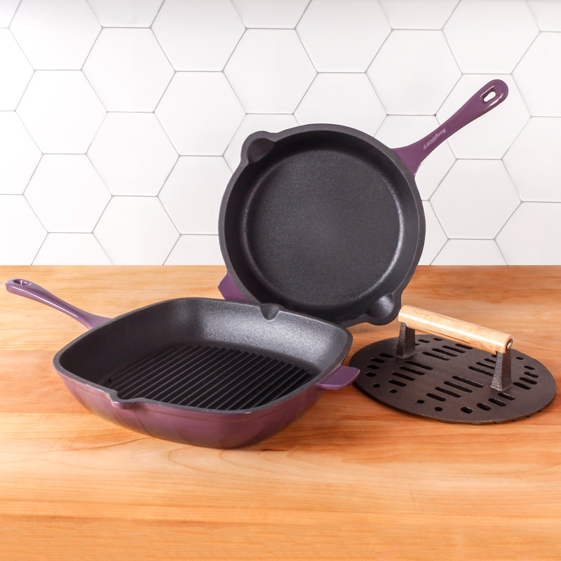 Neo 3Pc Cast Iron Set: Fry Pan, Grill Pan & Slotted Steak Press, Pink