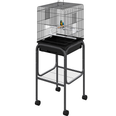 Cage à perroquet en métal noir - Volière spacieuse avec support roulant amovible, portes de nourriture et plateau de nettoyage facile pour perroquets, espace de rangement, options de perchoir 45 po