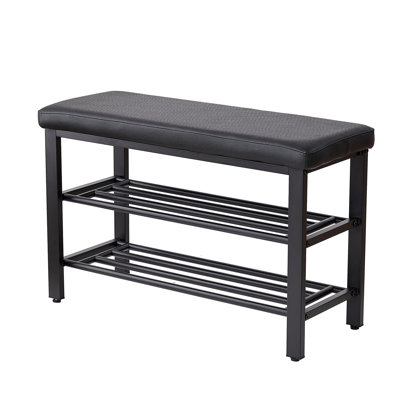 Small 3 Shoe Bench With Metal Mesh Shelves, Pu Seat, Freestanding For Hallway, Exquisite Design, Quick Assembly Rack Seat Cushion, Organizer Entryway Comfortable Cushioned Assembly, Black