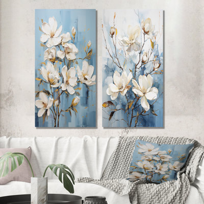 «Magnolias Blossom» blanc et bleu - ensemble de 2 reproductions d'art sur toile Magnolias