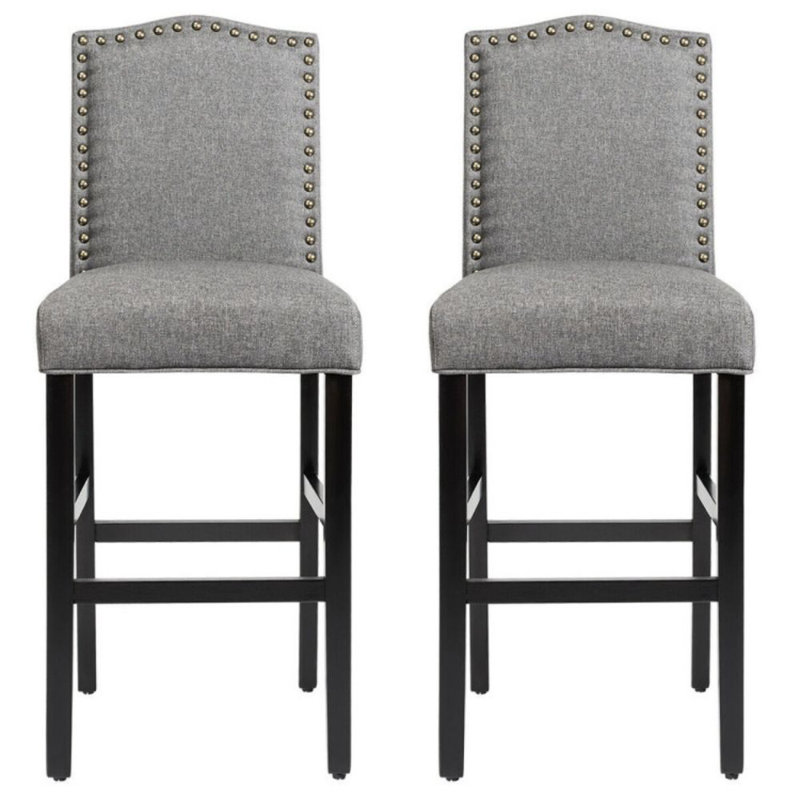Gray Linen and Dark Wood Counter Height Barstools with Brass Nails