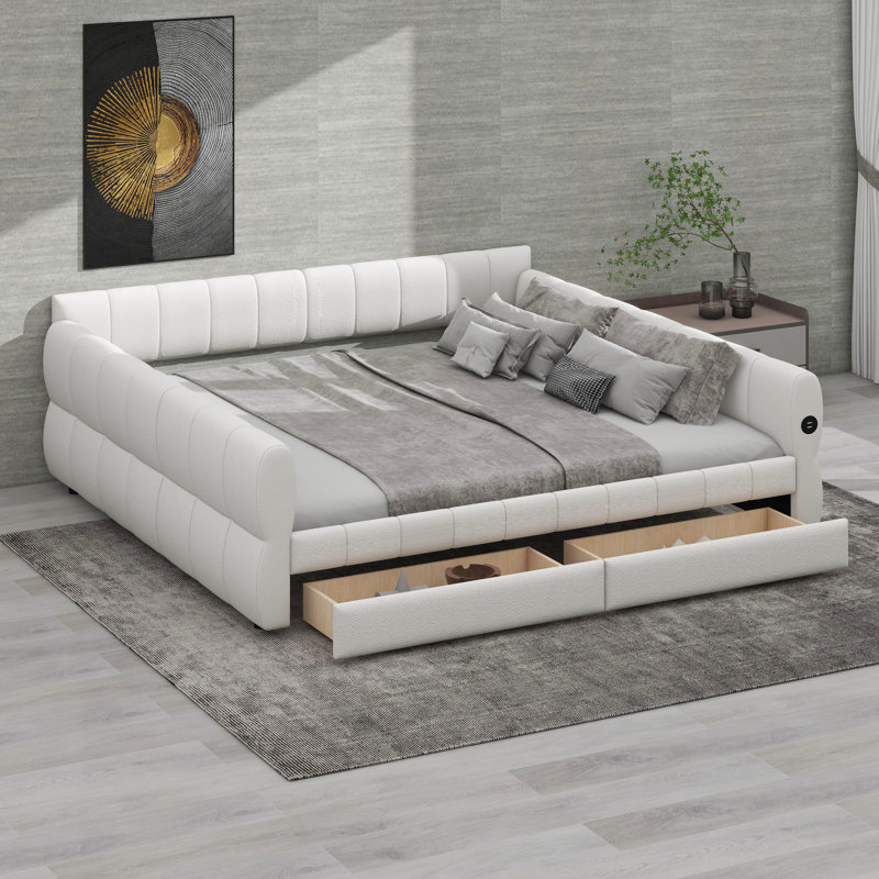 King Size Upholstered Daybed With 2 Drawers, Lambswool Day Bed Frame With USB Ports And Soft Backrest, Sofa Bed Frame, White
