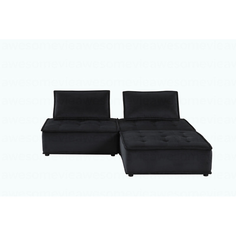 Modern 80"W Black Velvet 3 Pc Sectional Sofa Ottoman, Dark Gray Velvet, 29" H × 80" × 80" D
