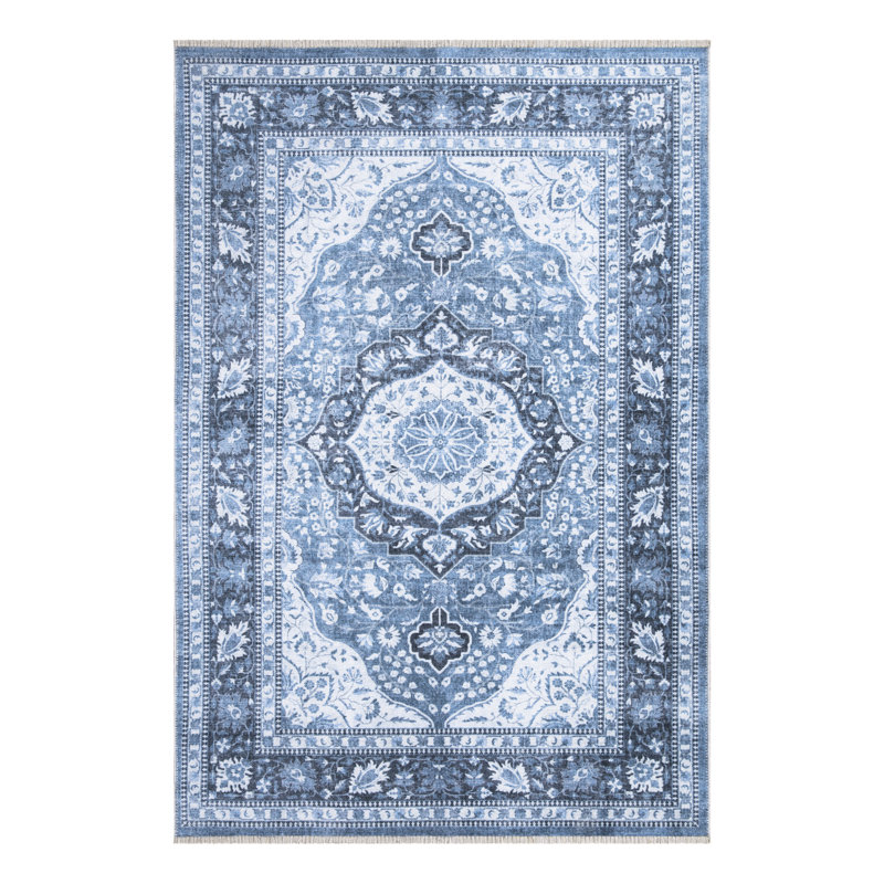 Washable Non-Slip Area Rug - Blue Traditional Oriental Area Rug for Living Room, Bedroom, Dining Room, and Kitchen