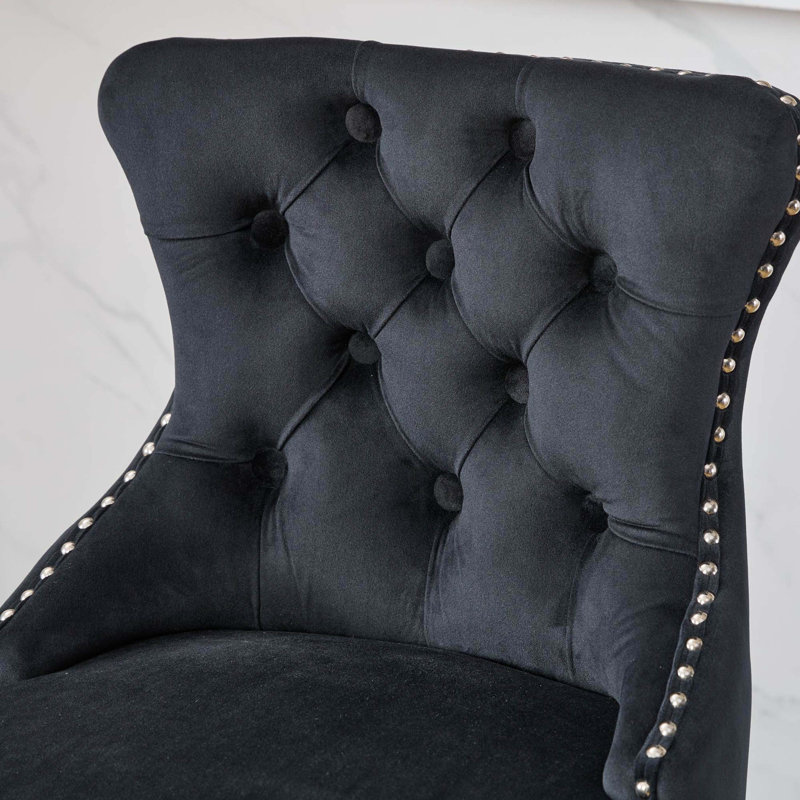  Leisure Style Swivel Velvet Bar Stools with Tufted, Wood Legs and Chrome Trim(Set of 2), Black