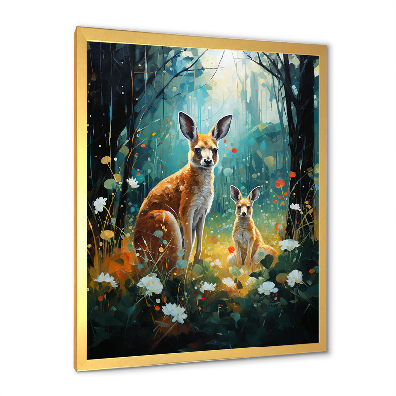 «Cute Kangaroo Flower Oasis II», reproduction sur toile, Cadre doré simple, H 32 po x l 24 po x P 1 po