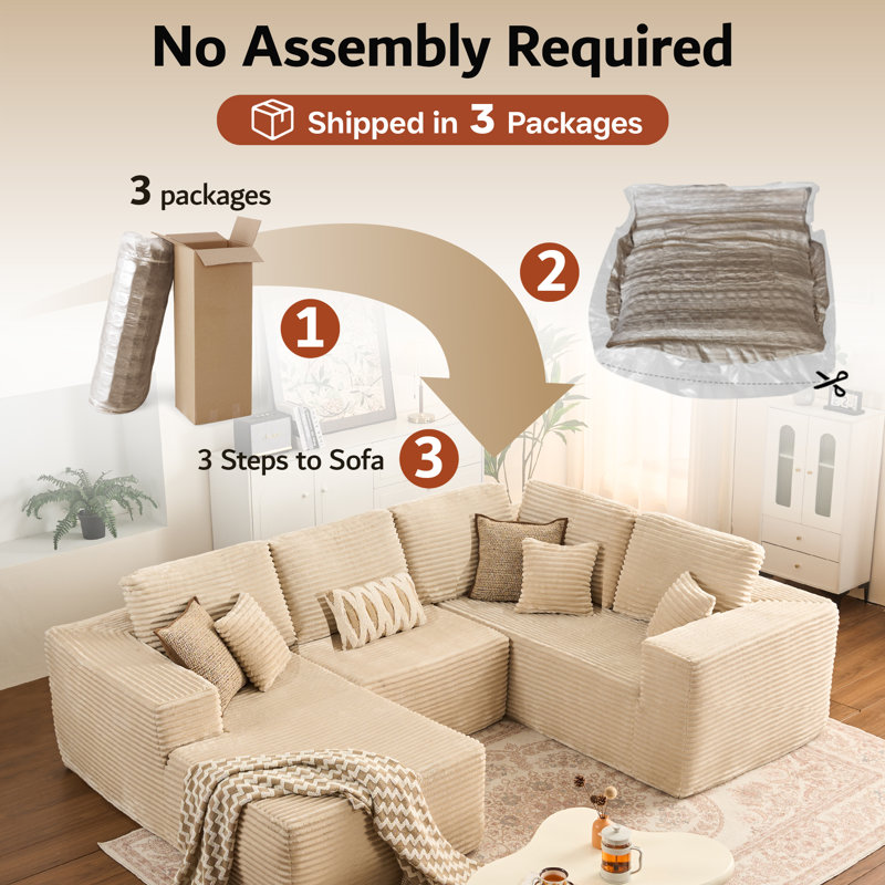 Canapé modulaire Kustas sans assemblage requis pour le salon et le cinéma maison, Fausse fourrure beige