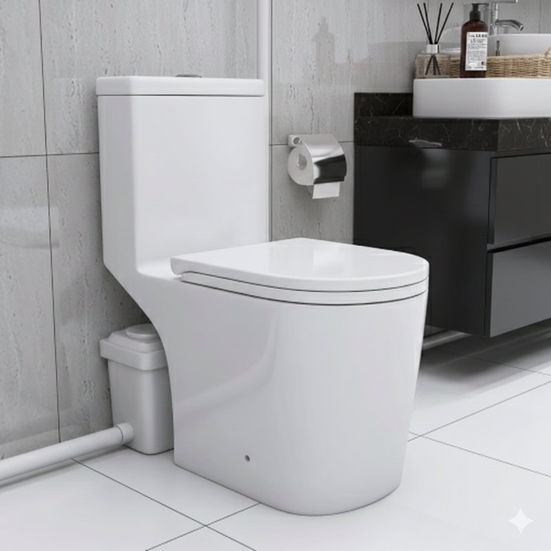 Upflush toilet system for basement installation, 600W macerating pump with a powerful dual-flush, elongated bowl at 17.25-inch ADA comfort height, soft-close seat, three water inlets for connection to a sink, shower, or other fixtures, in white.