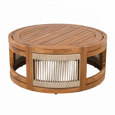 27.95 Inch Acacia Wood Outdoor Coffee Table with Handwoven Rope Accent, All-Weather Durability and Boho Style