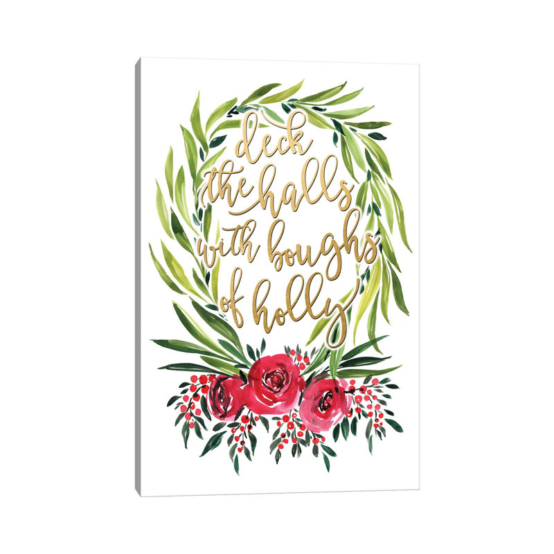 Floral Wreath Deck The Halls by Blursbyai - Gallery-Wrapped Canvas Giclée on Canvas, Canvas, 20.32 cm H x 30.48 cm W