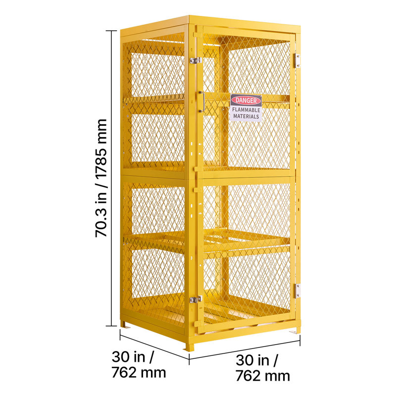 Armoire de rangement à cylindre horizontal, L 30 po x l 30 po x H 70,3 po, capacité de 8 cylindres, cage de rangement au propane à 4 niveaux, avec serrure et clés, acier au carbone thermolaqué jaune, pour le propane, l'oxygène et l'azote