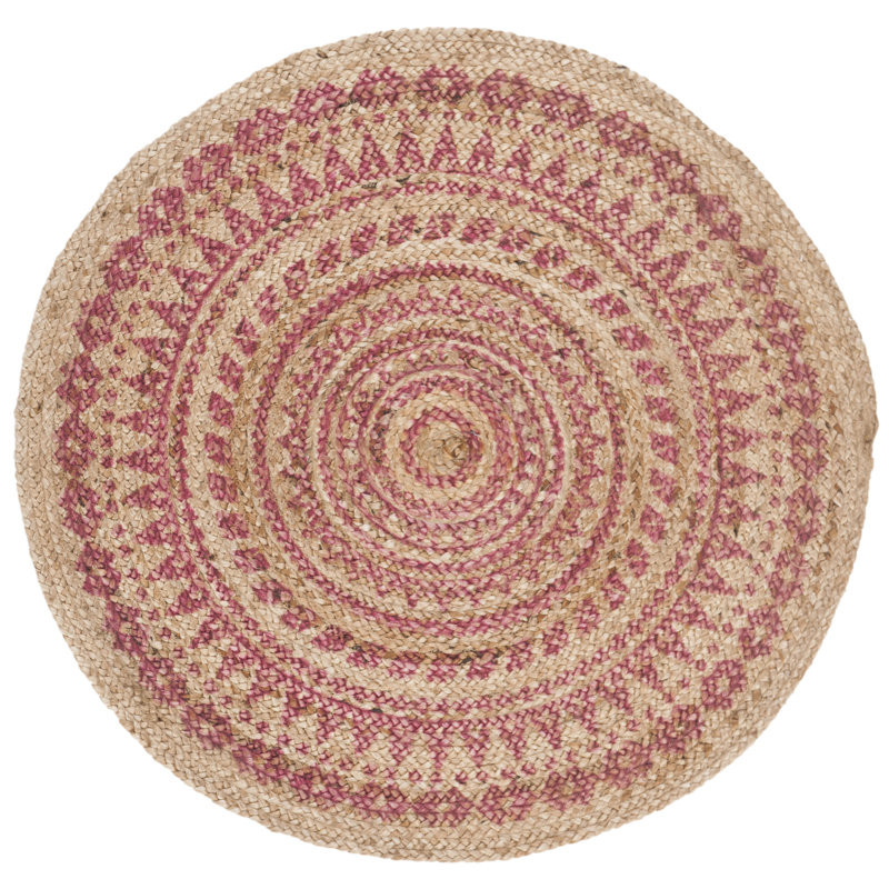 Tapis à motif Sud-Ouest tissé à plat à la main naturel rose Round Devaughn, Rond 8 pi x 8 pi