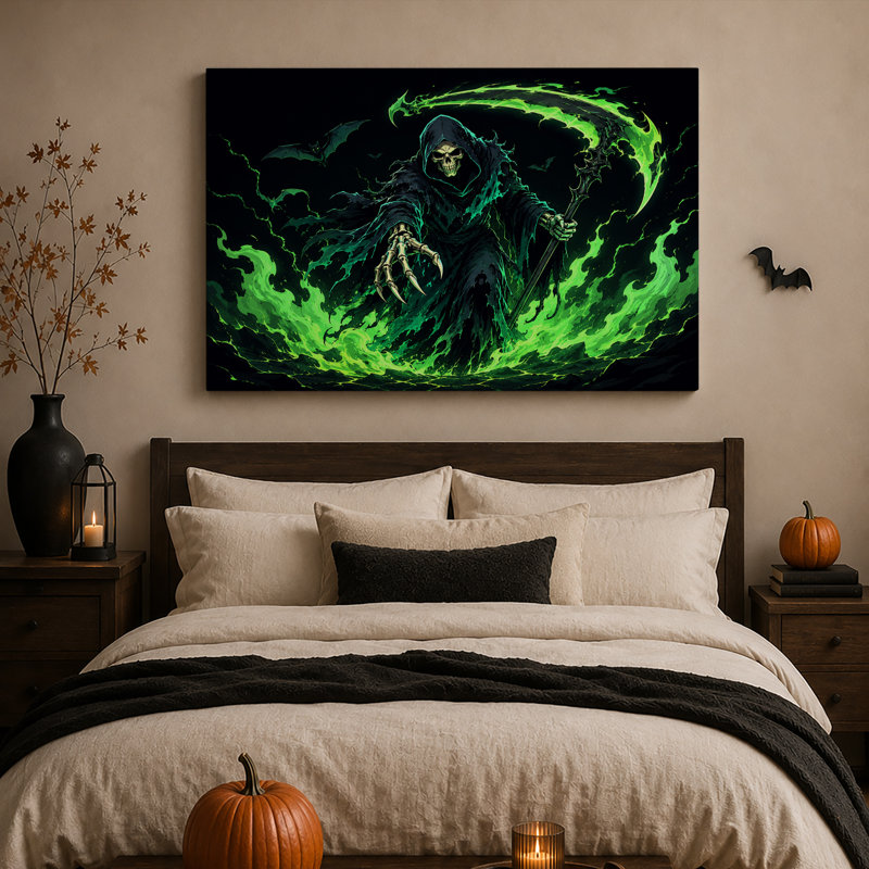«Grim Reaper» entouré de feu vert et d'art mural d'Halloween, H 12 po x l 18 po
