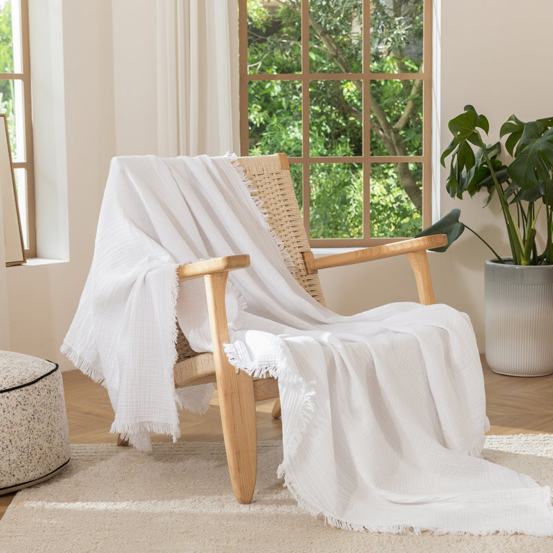 Jeté 100% coton 4 couches avec frange MooMee Airy, Grand (90 po x 90 po), Blanc brillant
