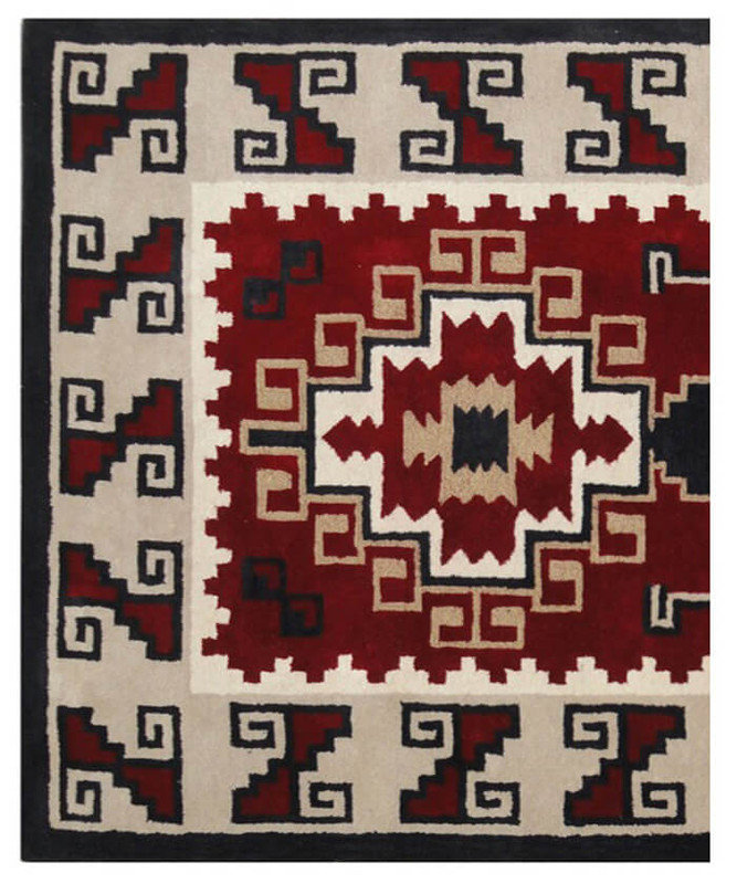 Tapis tribal en laine touffeté à la main rouge et beige 5 pi x 8 pi - motif médaillon géométrique du sud-ouest