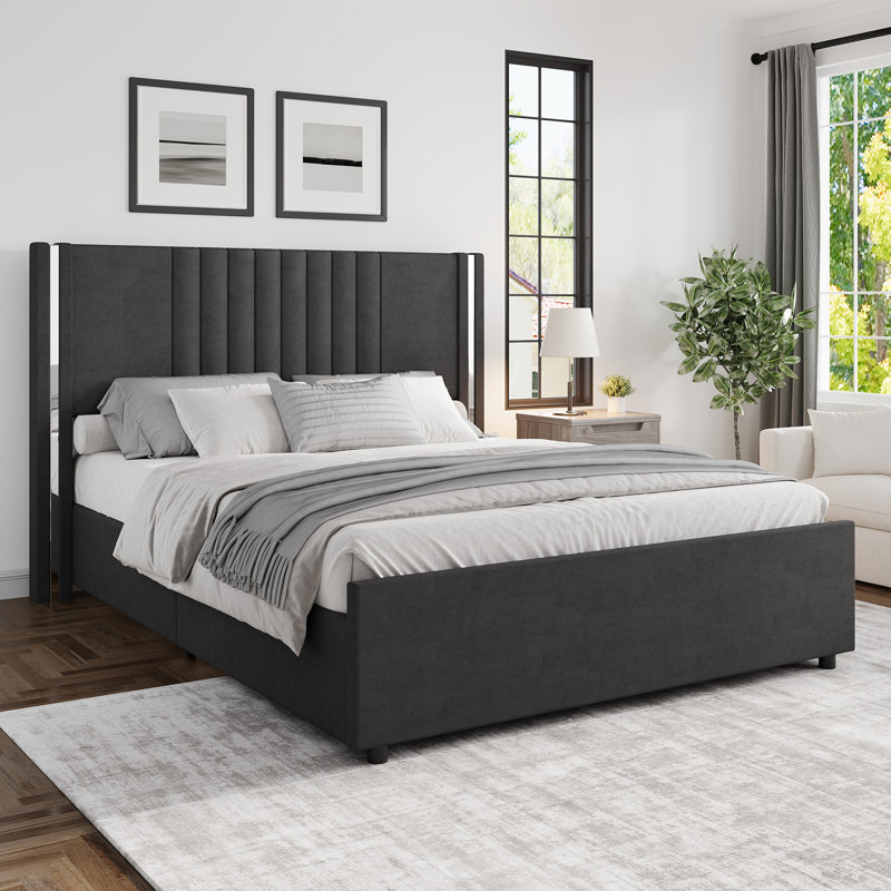 Lit plateforme tapissier Velvet, Gris, Lit double