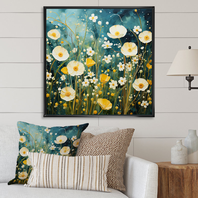 Teal White Buttercups Buttercup Meadow - Floral Canvas Art Print, H 36 po x l 36 po, Cadre photo argenté