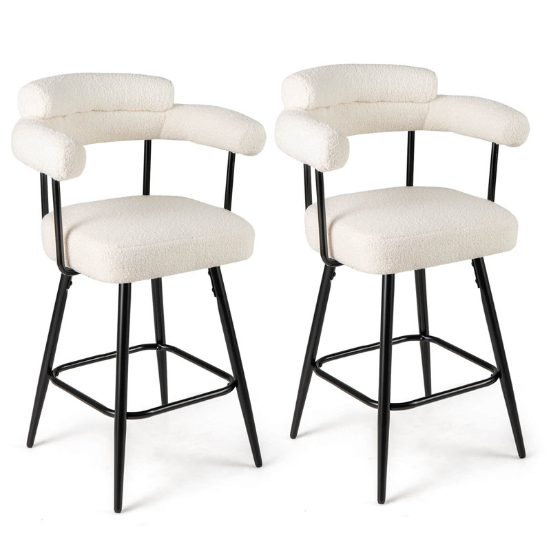 Ensemble de 2 tabourets de bar rotatifs 27 po avec dossier incurvé et accoudoirs, pieds et repose-pieds en métal blanc, Blanc