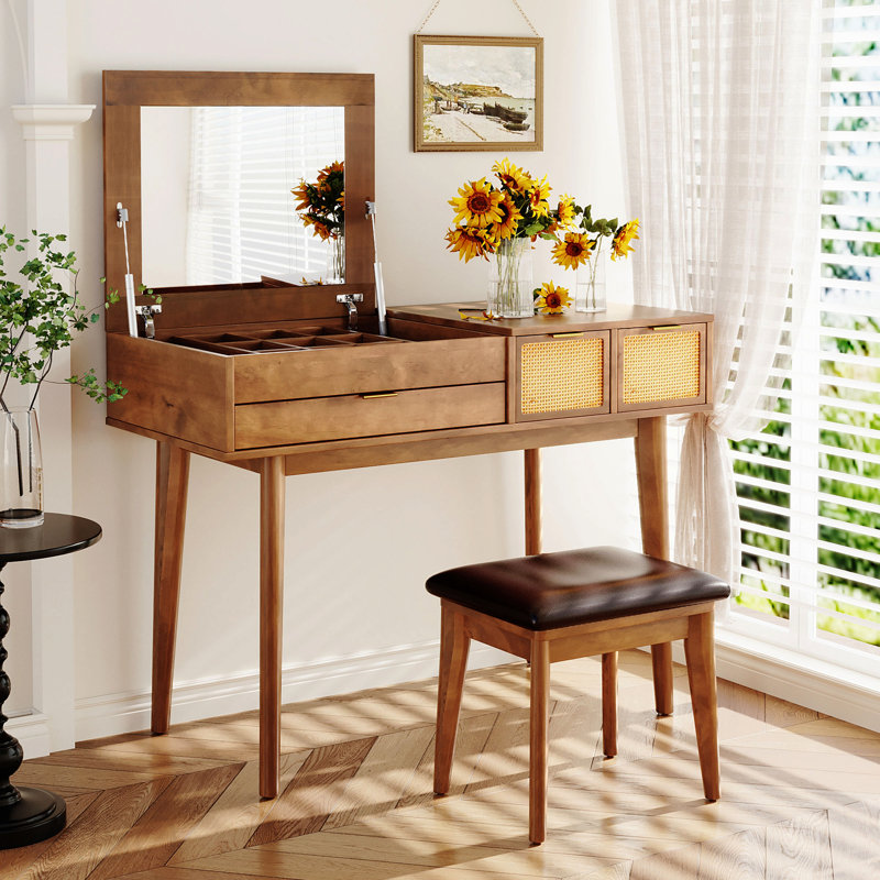 Ensemble coiffeuse 43,3 "en bois avec miroir rabattable et tabouret, coiffeuse avec trois tiroirs et espace de rangement, brun