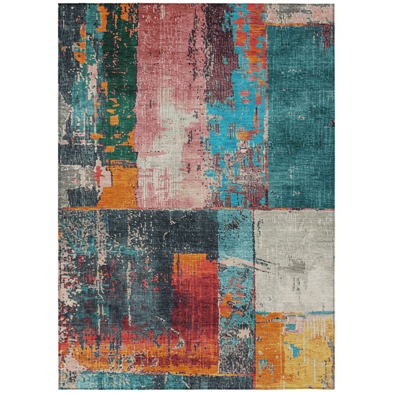 3' X 5' Teal Blue And Orange Abstract Washable Indoor Outdoor Area Rug