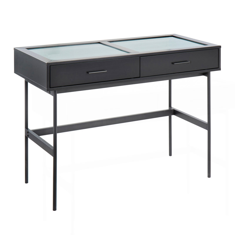 Emery Contemporary Console Table In Black Wood, Black Steel, And Glass Top By Lumisource, Black