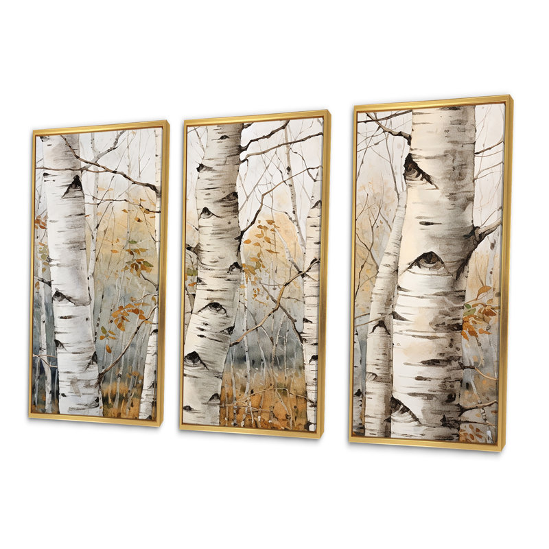 «Beige Silver Birch Tree Beauty III», ensemble de reproductions d'art mural, Cadre flottant doré, H 28 po x l 36 po