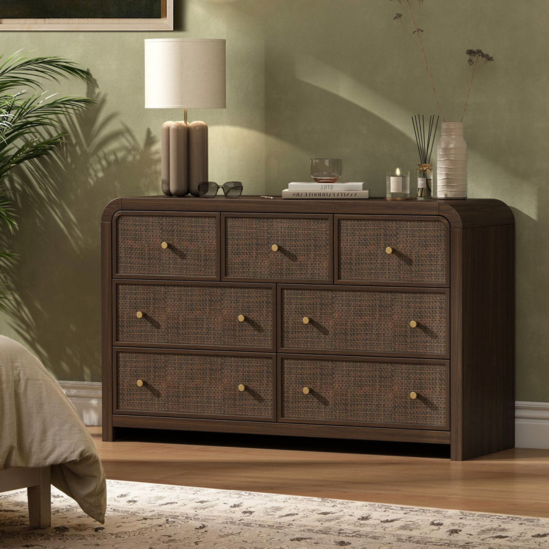 Cevat Rattan 7-Drawers Dresser，Thickened Curved Profile Design, Walnut