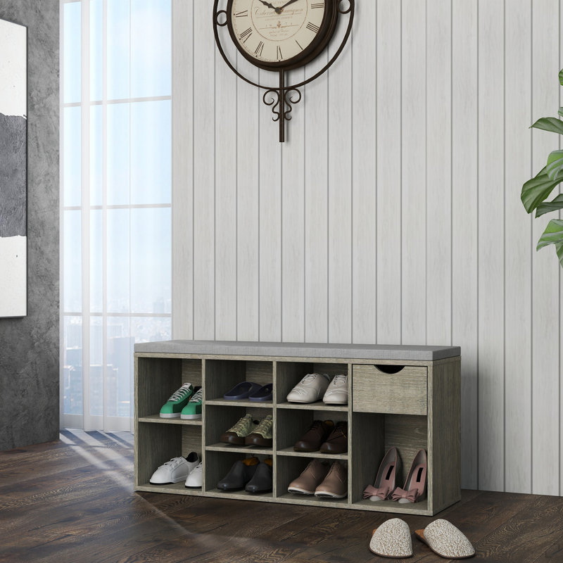 Banc de rangement, banc à chaussures, banc d'entrée avec coussin rembourré, tiroir et compartiments ouverts, banc avec rangement, banc à chaussures à 3 niveaux