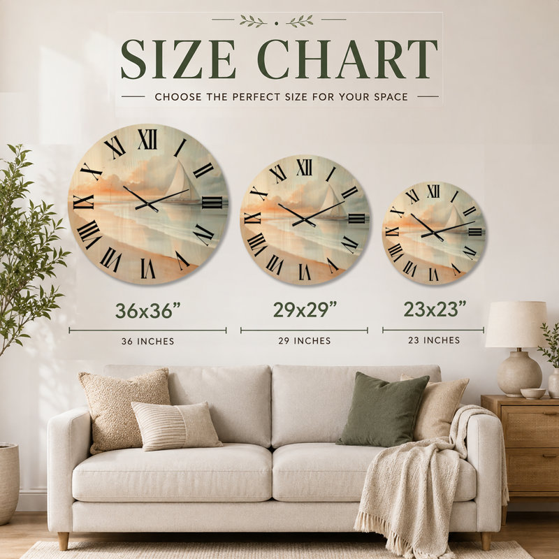 Horloge murale Sunset Sailboat Shore II - Motif côtier, imprimé sur bois, Très grand