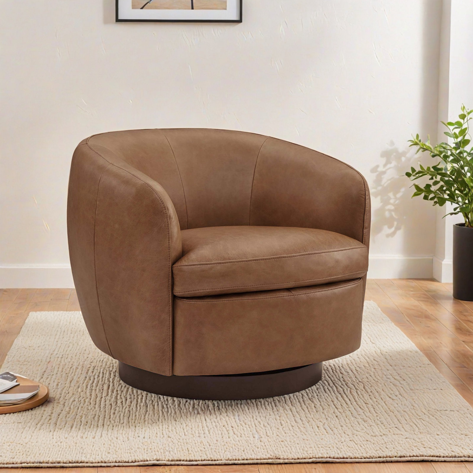 Marcy Vegan Leather Swivel Barrel Chair, Copley Brown Vegan Leather