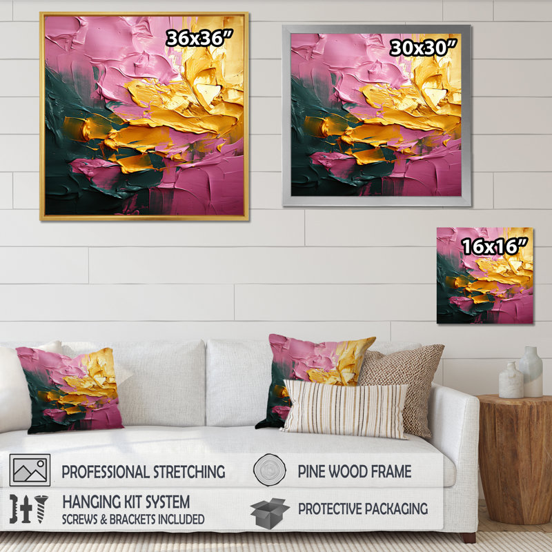 «Réjouissant dans l'amour», peinture abstraite rose et or, H 30 po x l 30 po, Toile tendue