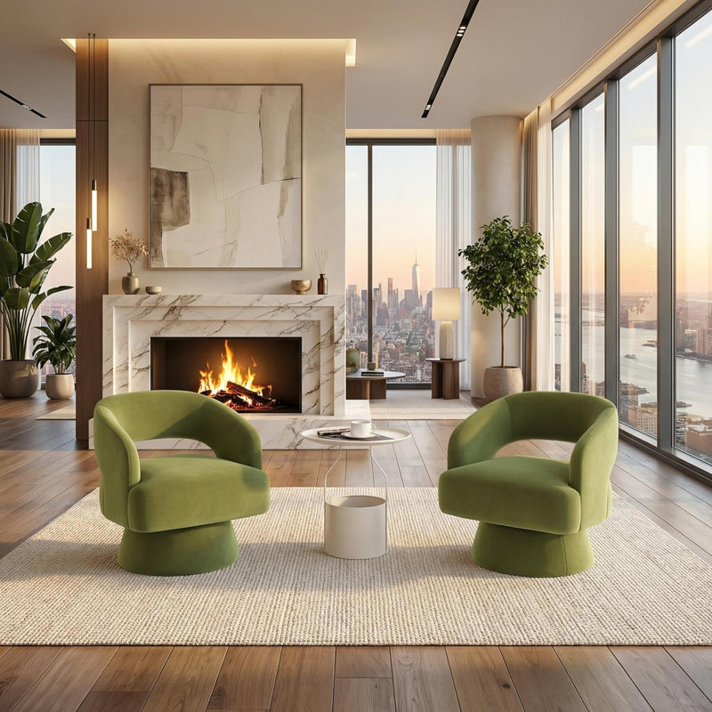 360° Upholstered Swivel Barrel Accent Chair, Modern Armchair, Green Velvet