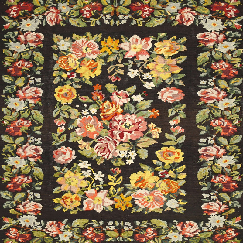 Tapis traditionnel beige / noir Deloney, Carré 4 pi