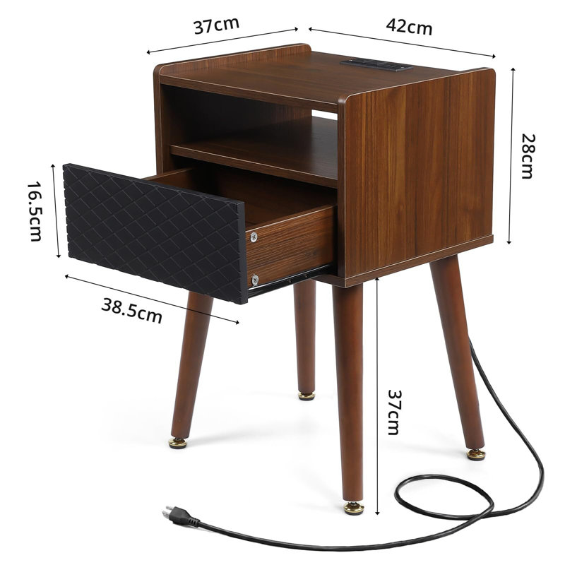 Mid Century Nightstand Set Of 2, Modern Side End Table With Charging Station And Storage